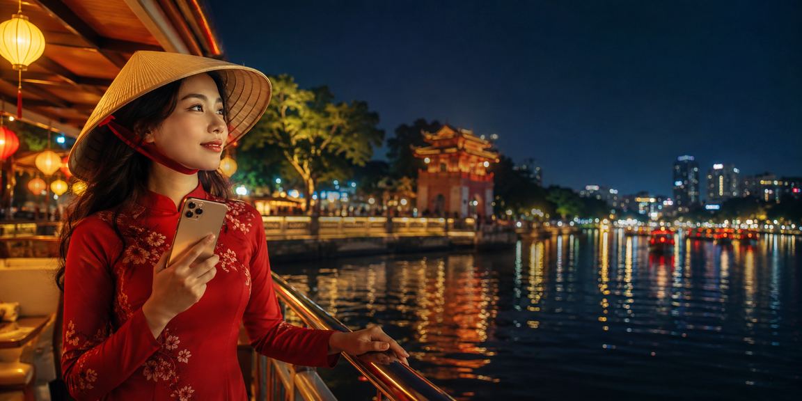 Người dùng Hà Nội đội nón lá trải nghiệm casino di động trên điện thoại thông minh